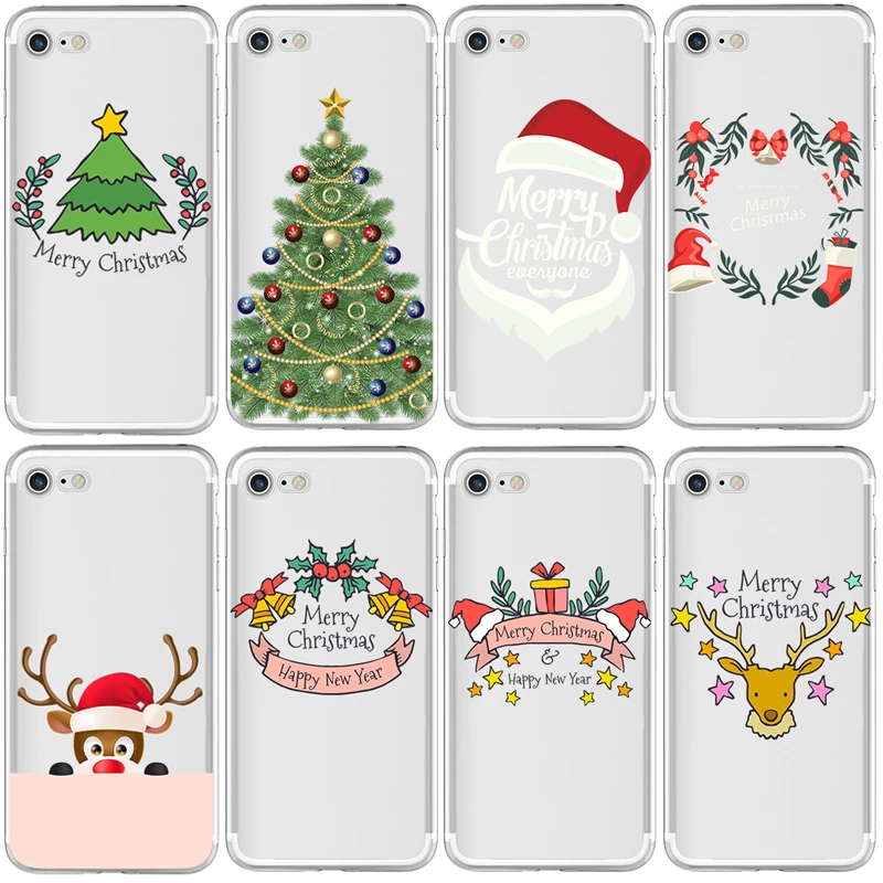
Cute Christmas Present Soft Phone Cover Case For iPhone 6 6S 7 5 5S SE 6Plus 6SPlus 5C 4 4S Animal Tree Hat Cat Capa Celular 
