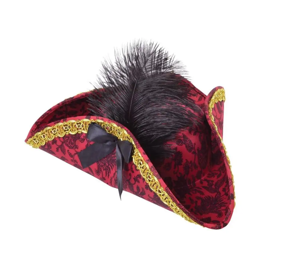 Adult Ladies Red Pirate Tricorn Hat with Decoration Fancy Dress Accessory