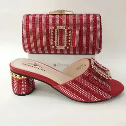 2019 Nigerian Style Woman Shoes And Bag Set Latest Red Color Italian Shoes And Bags With Rhinestones For Wedding Party