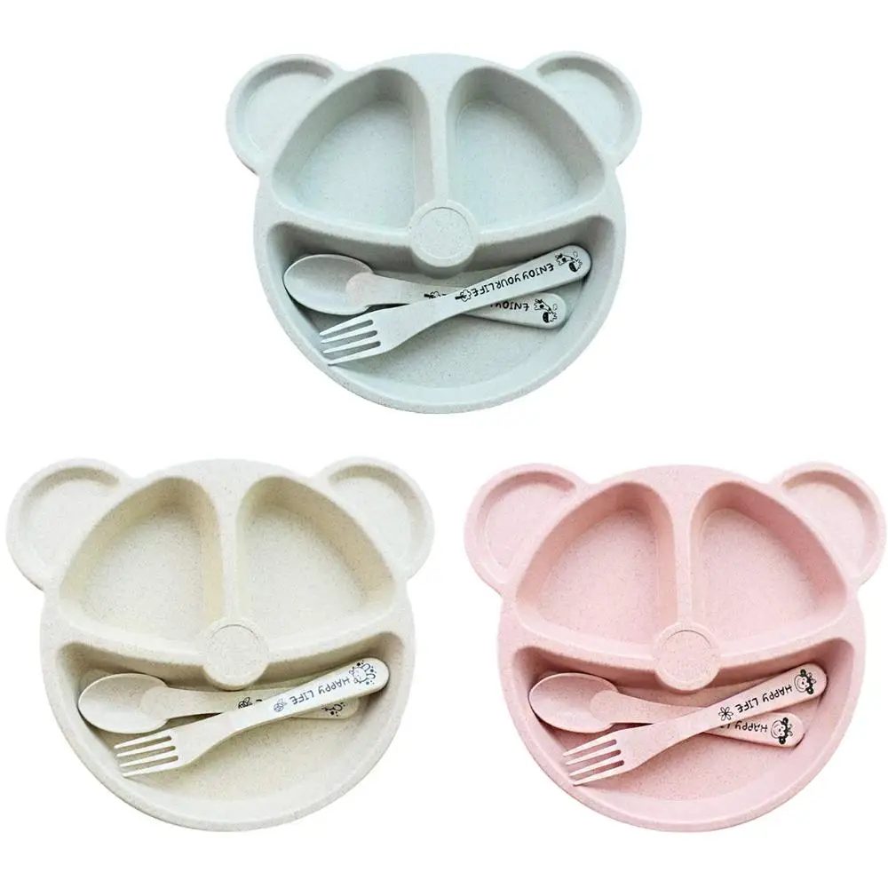 Healthy eco-friendly wheat straw divided plates set 3 with spoon and fork dishwasher for baby feeding, kids &children &toddler