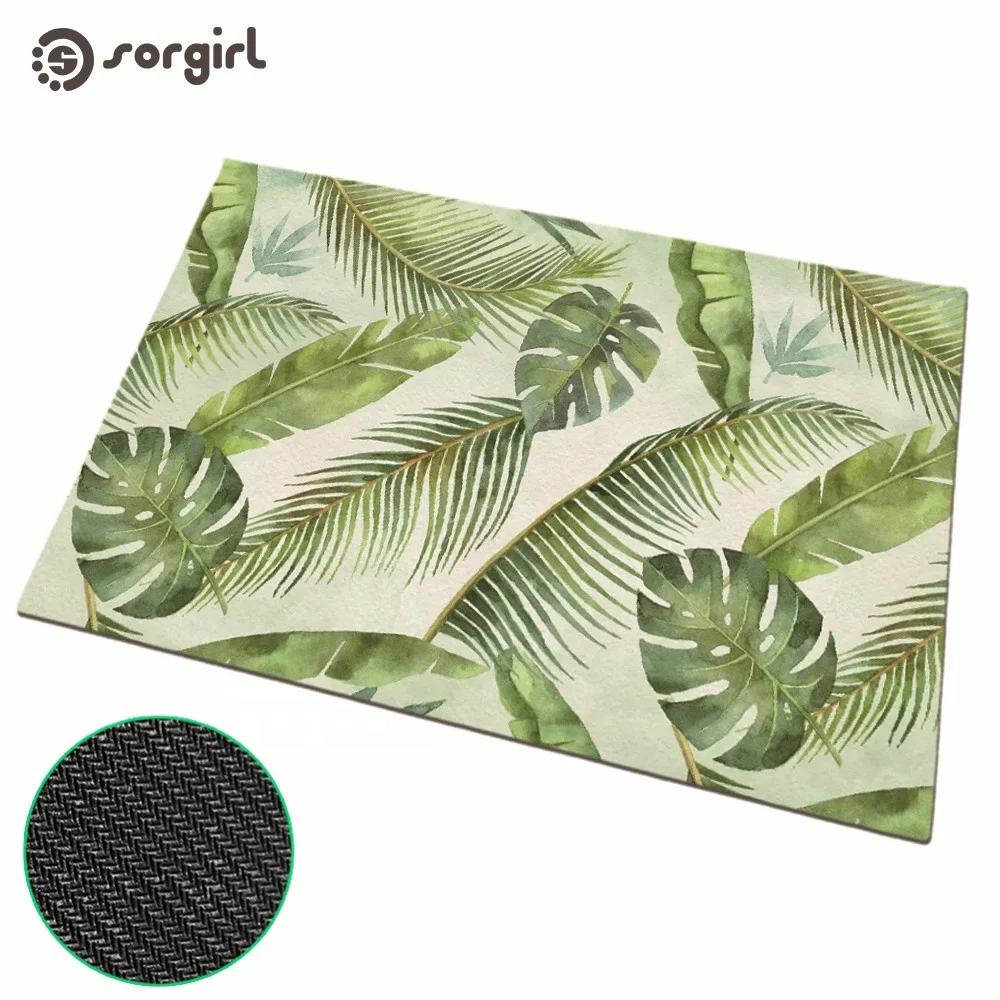 Green leaf green plant coco coir door mat custom printed support sublimation transfer white non-woven fabric natural rubber mat