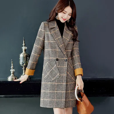 Women Winter Outdoor Mid-Long Coat Double Breasted Cotton Blend Plaid Overcoat