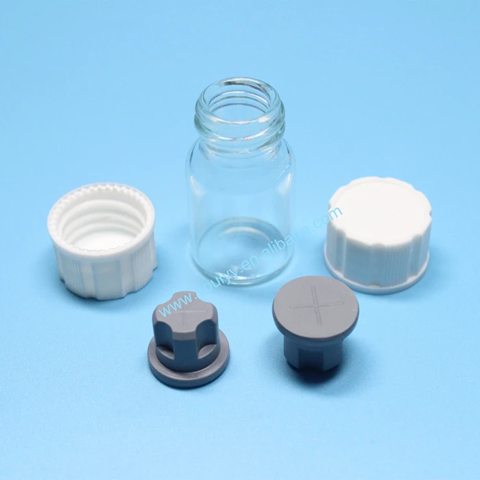 Screwed Neck Transparent Glass Vial Bottle with Rubber Stopper and Caps