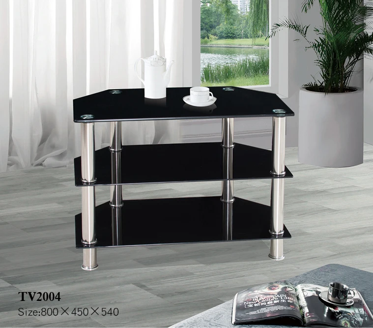 cheap corner used black 3 layers tempered glass TV stand