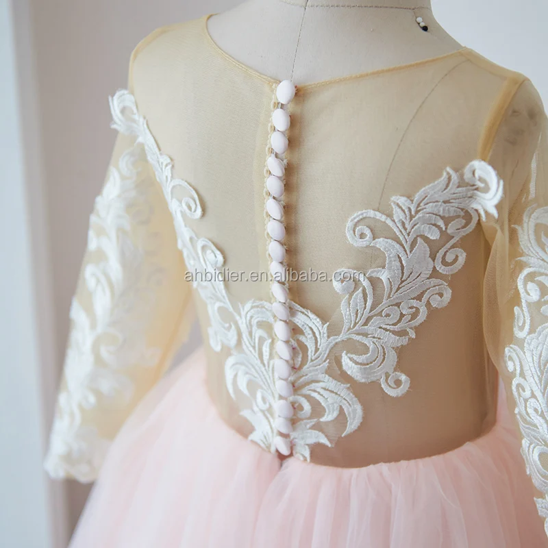 Long Sleeves Lace Pink Tulle Wedding Flower Girl Dress Ball Gown Princess Birthday Party Dress