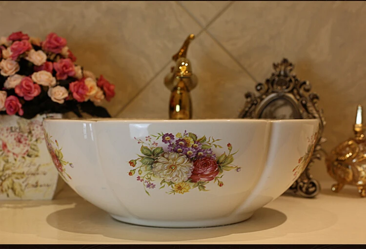 Rose Flower Ceramic Counter Top Wash Basin Bathroom Sinks