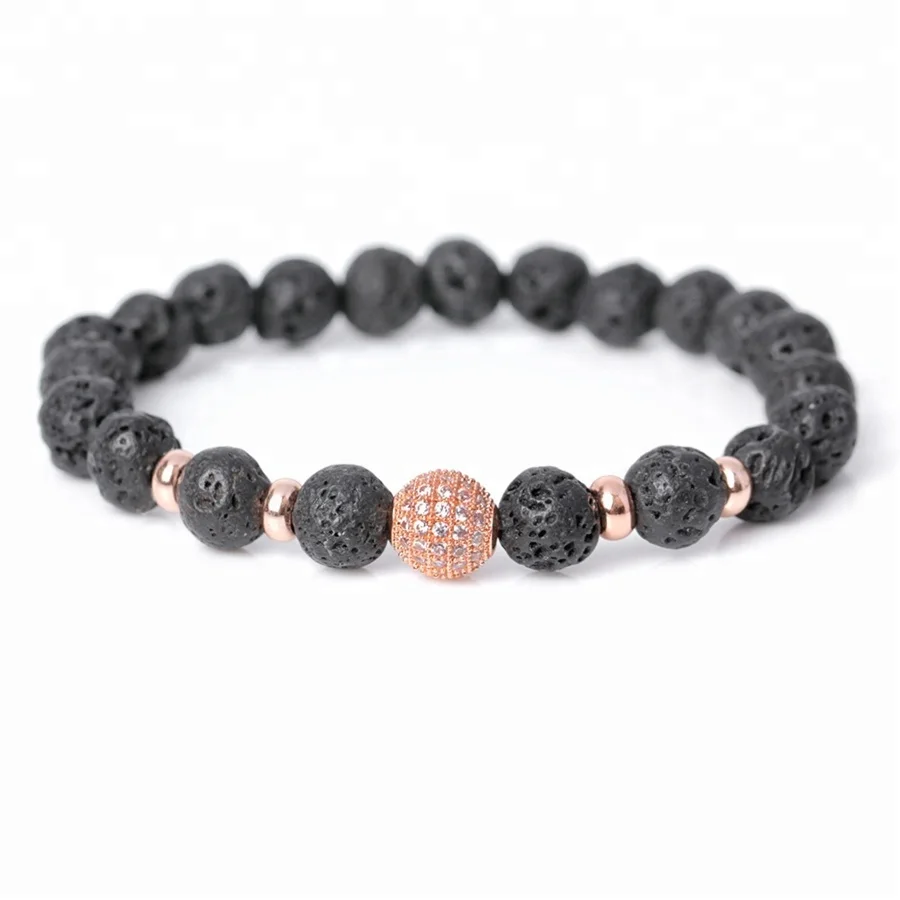 Bracelet Manufacturer Hot Sale 18K Gold Plating Micro Pave Black CZ Beads Bracelets, Men Bracelet Lava Stone Beads