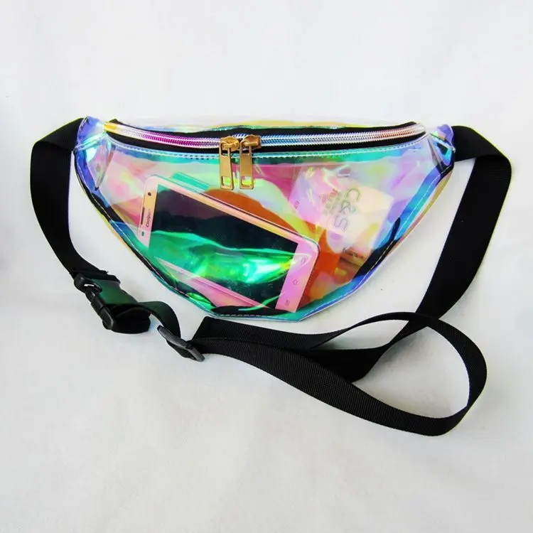 wholesale girl transparent waist bag neon laser holographic glitter pvc clear fanny pack
