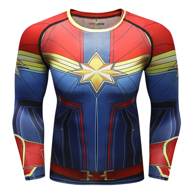 Free Shipping Mens Superhero Rashguard Polyester Spandex Captain Shirt