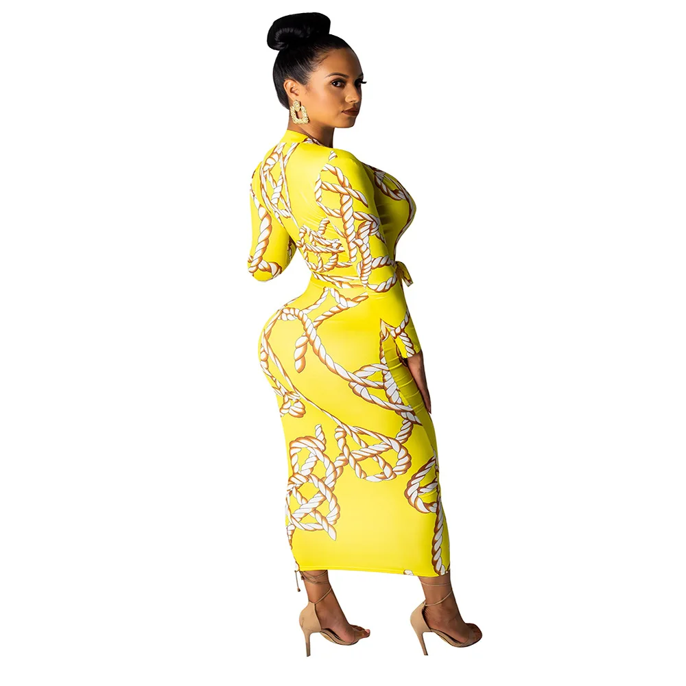 Женское пляжное длинное платье макси с принтом цепей и глубоким V-образным вырезом, новое дизайнерское богемное платье с длинным рукавом 2019 июня