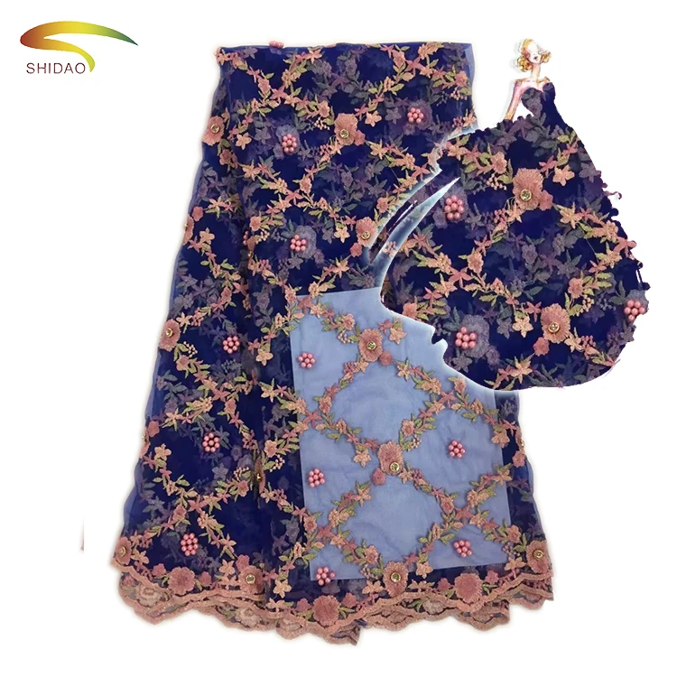 2017 wholesale 3d embroidery designs flower tulle french lace rhinestone and beaded fabric for wedding party dresses