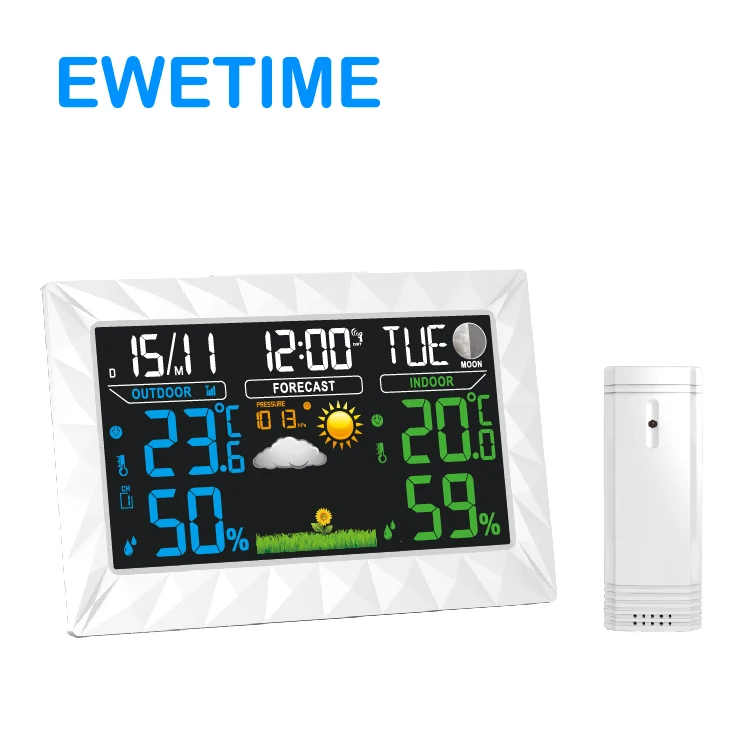 EWETIME RF 433mhz Digital Wireless Weather Forecast Station Clock Square Modern Kitchen Clock Radio Undercounter with Bluetooth