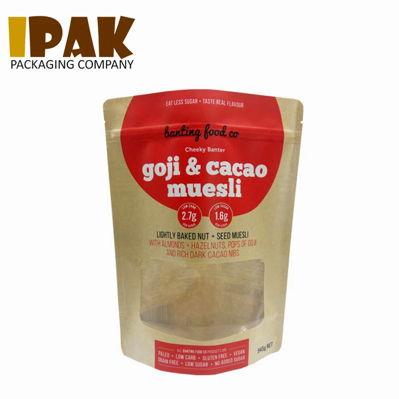 Wholesale 100% recycled laminated kraft paper mylar zipper window stand up bags for food packaging