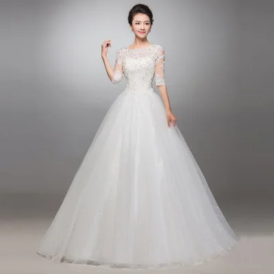 ZH0199X Hot Selling Medium Long Sleeves Round Collar Wedding Dresses Lacebandage Skirt Bridal Gown Plus Size
