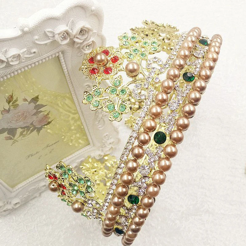 
European style luxury large round queen crown tiaras with pearl beads and earrings sets 