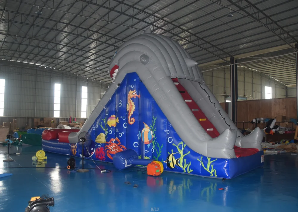 Inflatable single lane shark water slip N slides with swimming pool for kids rental