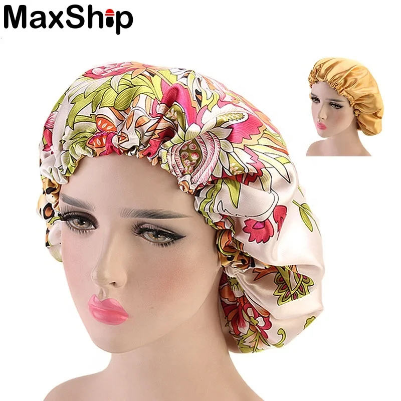 Wholesales Double face print bonnet satin sleep cap with adjustable cord for women