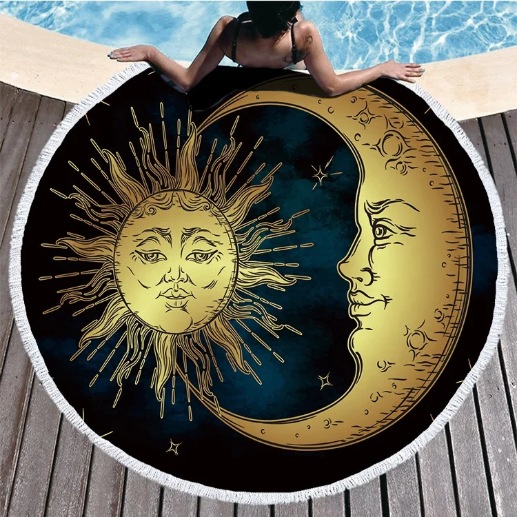 Low MOQ large size full color printing high quality gypsy double side suede round beach towel for adult summer vercation  use
