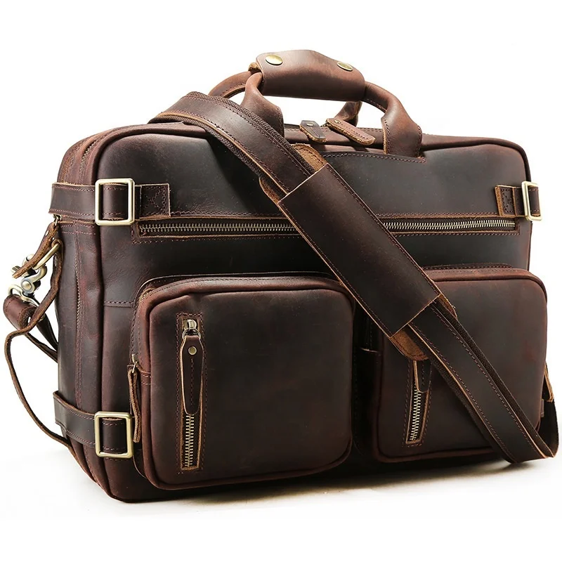 Vintage 15.6 Inch Mens Crazy Horse Genuine Leather Convertible Backpack Laptop Messenger Large Briefcase Daypack Travel Bag