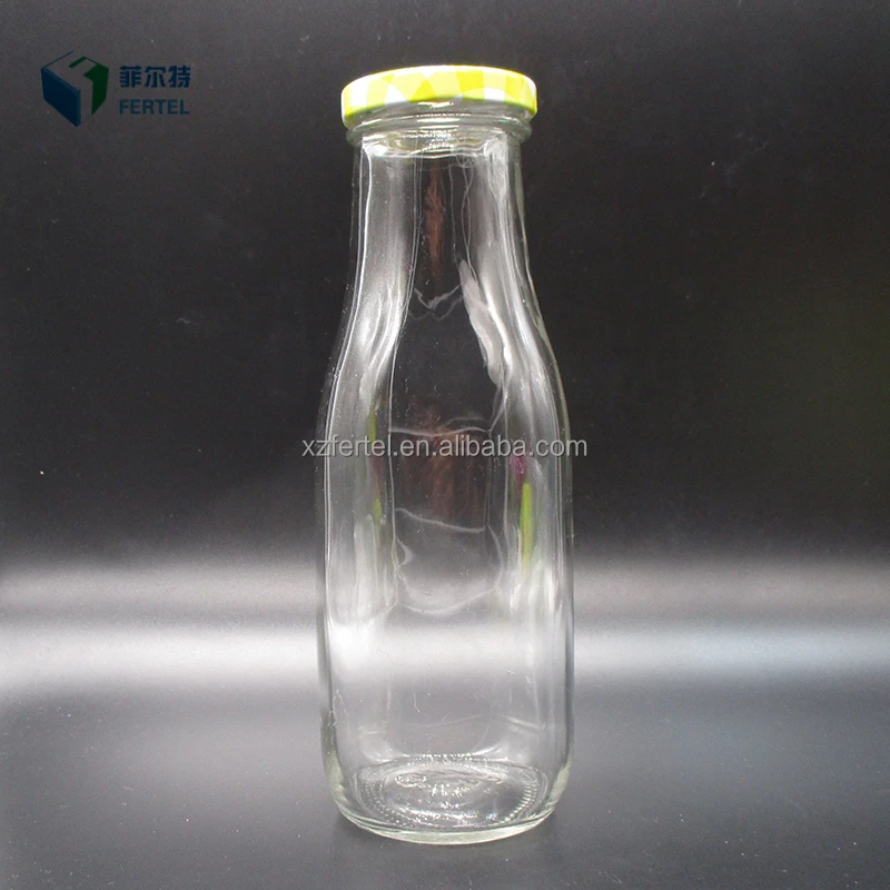 
250ml Custom Glass square juice bottle 400ml for milk with metal lid and straw 