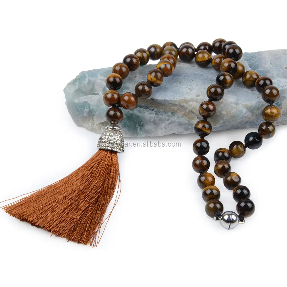 Chanfar Bohemian Long Tassel Pendant  with 8mm Tiger Eye Turquoise Agate Beads Natural Stone Statement Necklace for Women