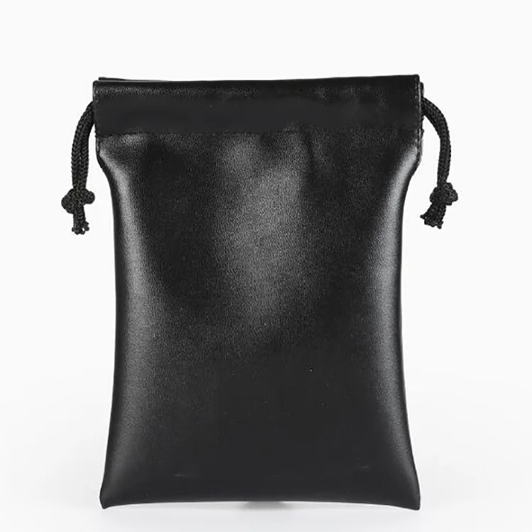 Custom Faux Black drawstring pu leather pouch