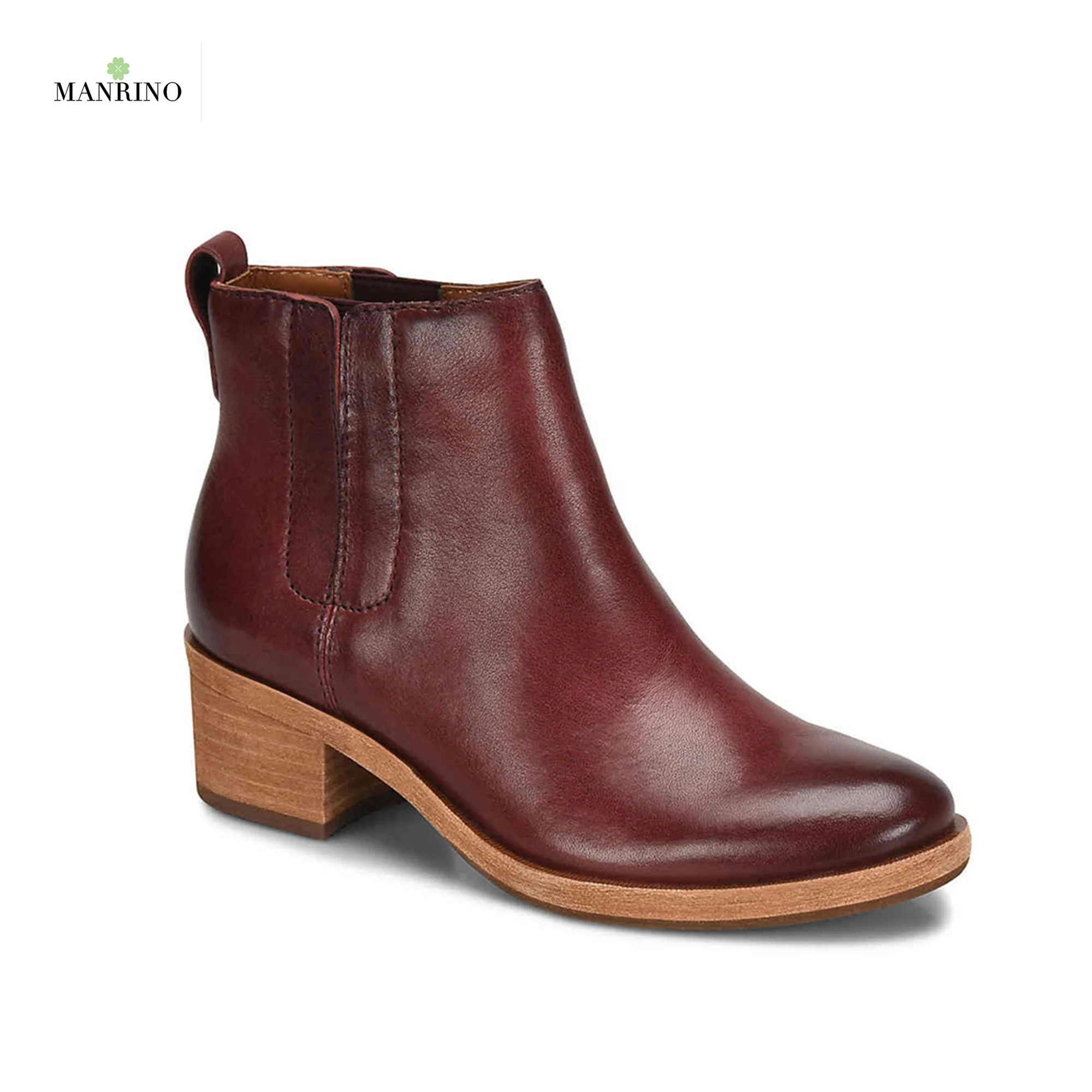 MANRINO-0192 Handmade Distressed Red Brown Genuine Leather High Quality Comfortable Chunky Heel Women Leather Sole Ankle Boots