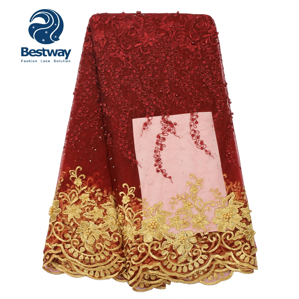 Bestway Lace and embroidery fabric 2018 Newest Nigeria cheap French lace with beads For Women Dresses FL0328