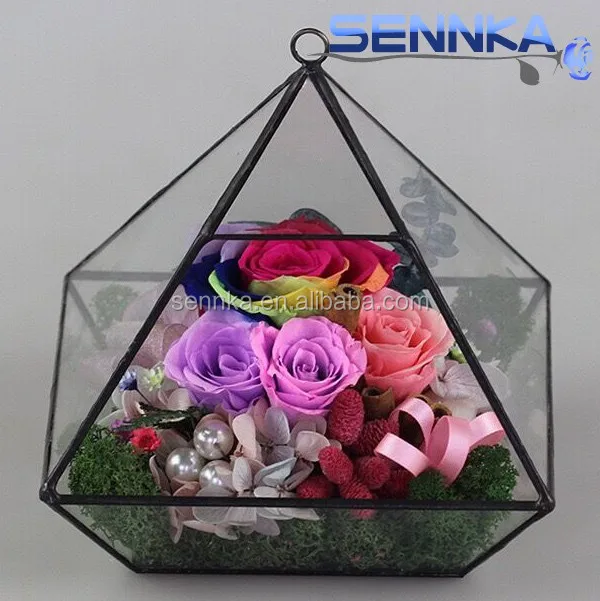 save20% 6-7cm glass flower Rose in Triangle glass for wedding table centerpieces