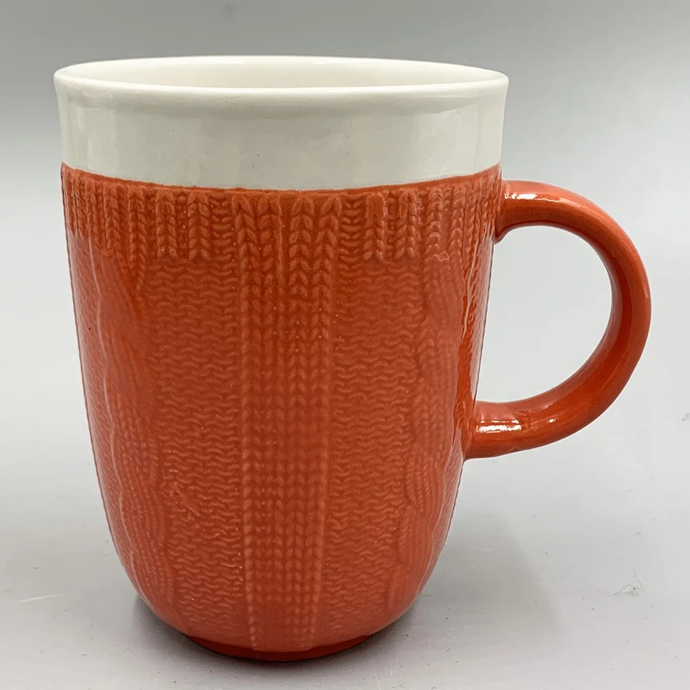 13OZ color glazed decorative ceramic emboss knit pattern mugs