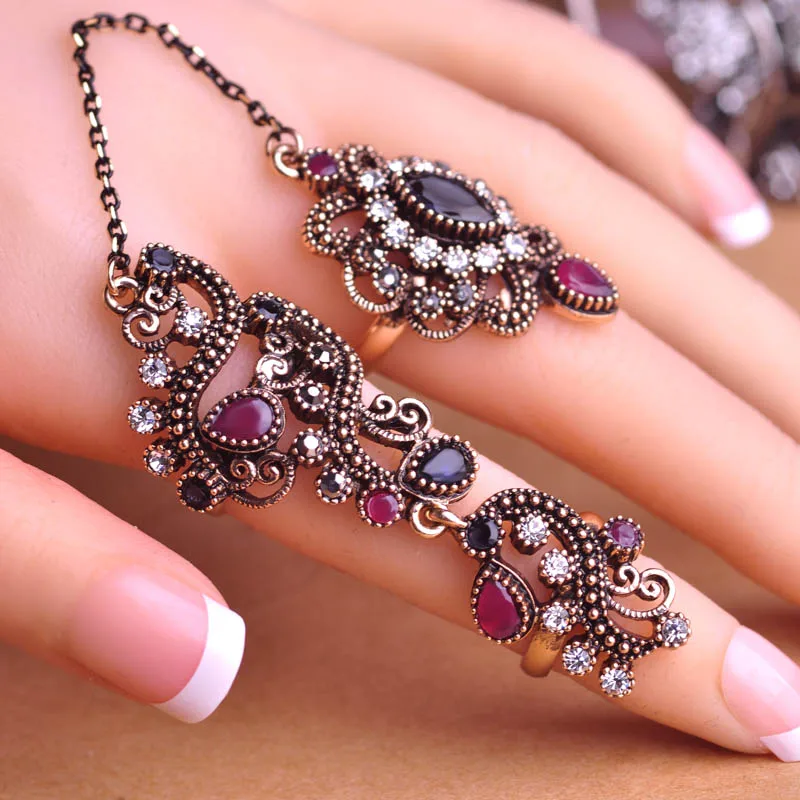 New Arrival Adjustable Turkish Two Finger Rings For Party Women Blue Acrylic Hollow Out Flower Design