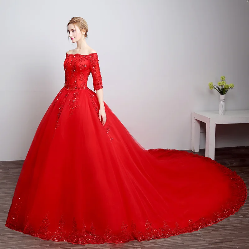 2018 Chinese Red Luxurious Appliques Beading A Line Half Sleeve Wedding Dress Long Train Sweetheart wedding Gowns