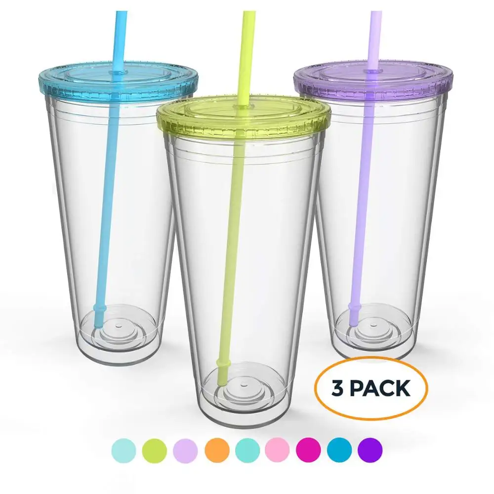 Wholesale BPA free reusable plastic cup sweat proof tumbler bottle with straw and lid