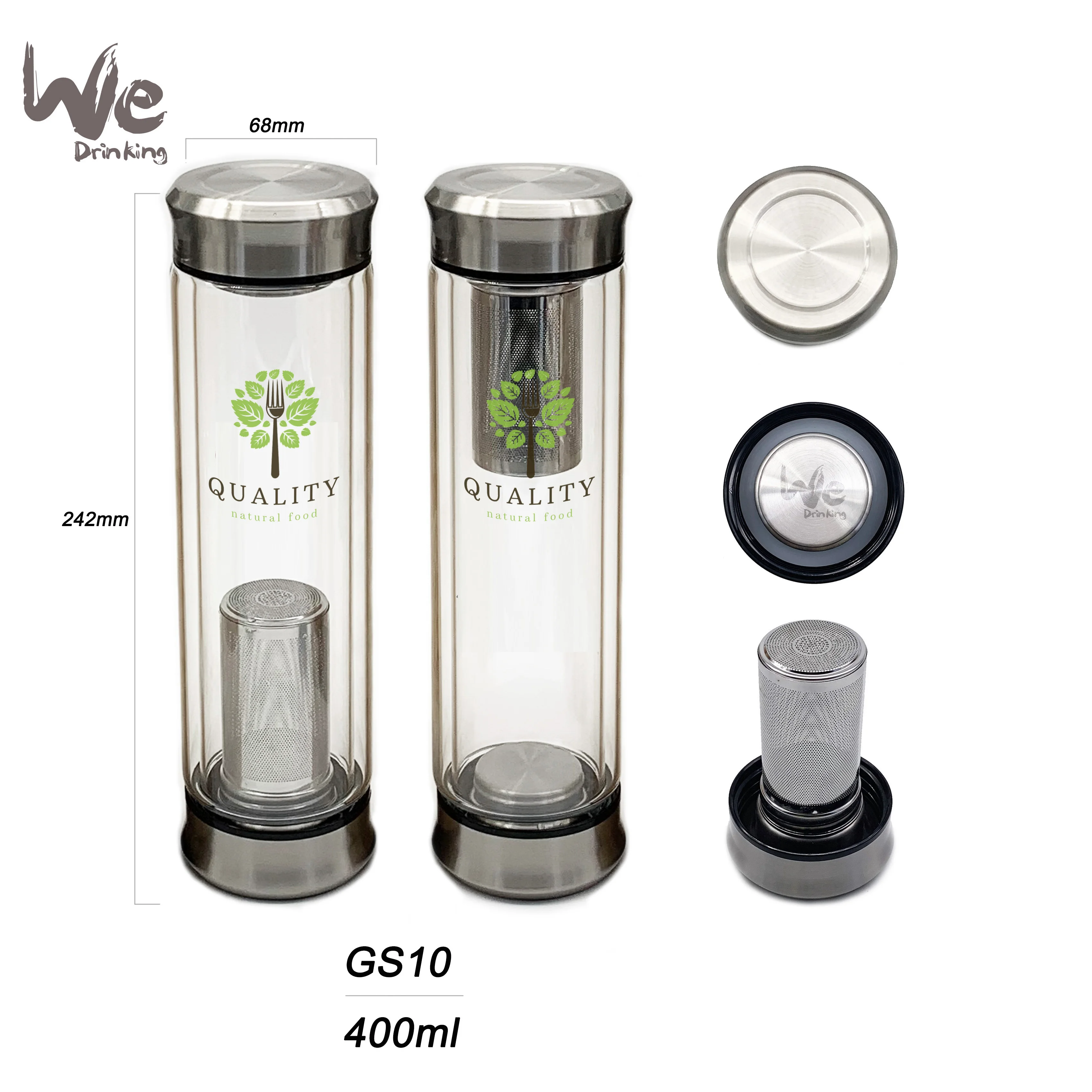 
GS10 400ml Glass Tea Infuser Travel Mug with Strainer and 2 Steel Lids for Loose Leaf Tea Matcha Fruit and Cold Brew Coffee 