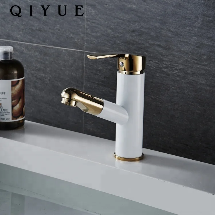 Hot selling single handle hot and cold water white golden pull out bathroom basin faucet mixer tap