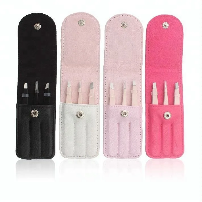 Pink Cosmetic Eyebrow Tweezers in Travel Pouch, 3Pcs Stainless Steel Eyebrow Care Slant Point Flat Tip Tweezers Gift Set