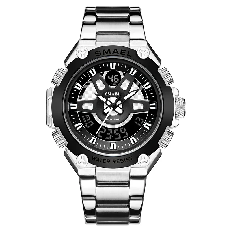 trend design smael 1383 dual time display quartz steel band watch for men