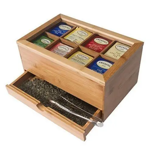 Bamboo Tea Box and Condiment Storage Drawers for Sugar and Spoons stash Storage Box