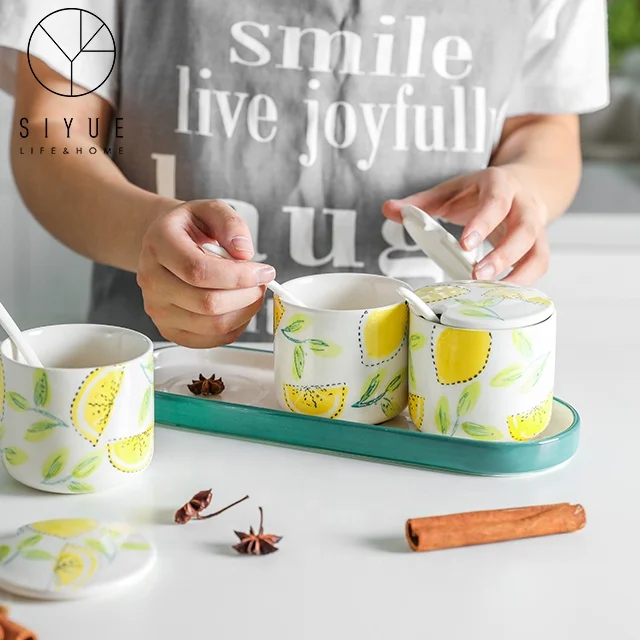 Wholesale Ceramic Spice Jar Set With Spoon For kitchen 1101