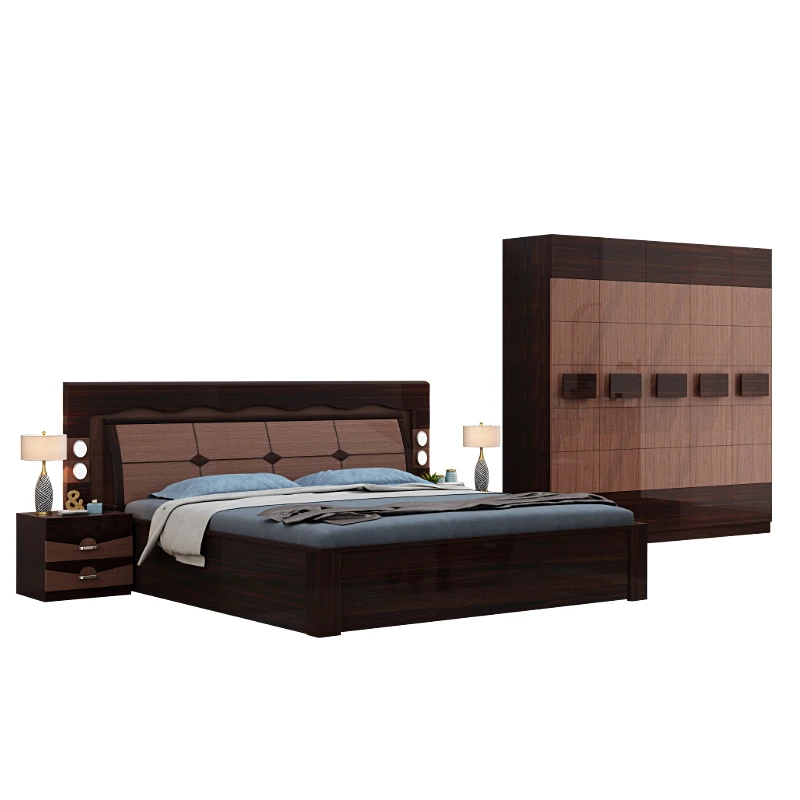 high glossy painting bedroom furniture set king size led  light and storage box bedroom sets 1.8m melamine bedroom furniture