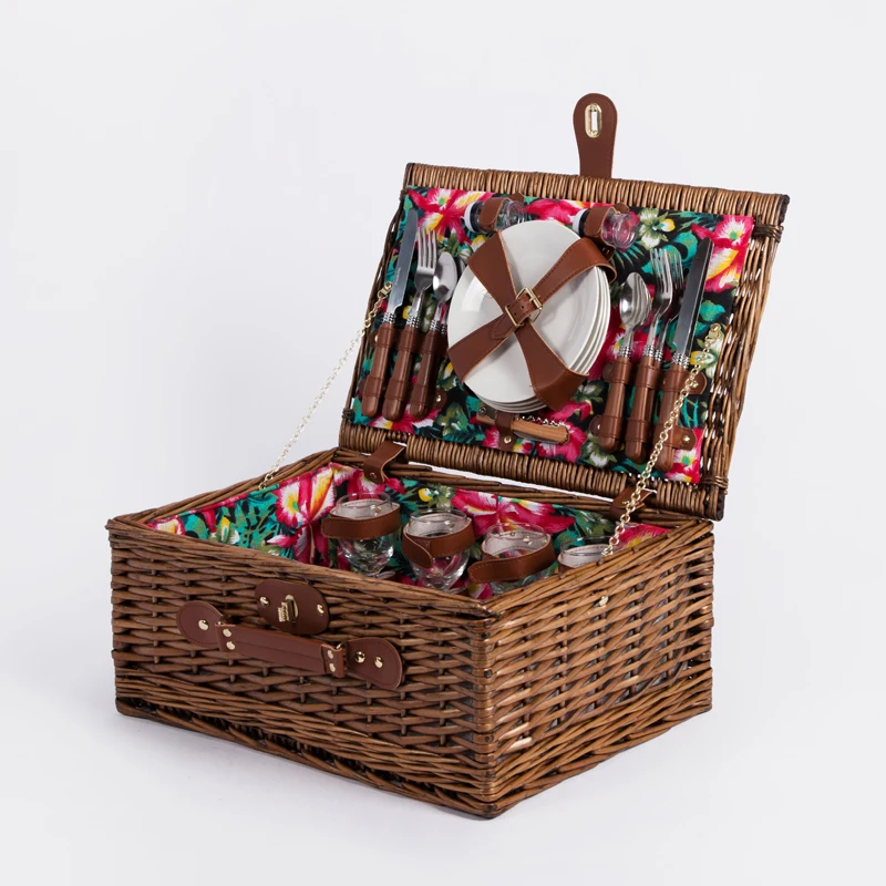 Fancy Lining Cloth Weaving Willow Rattan Square Box Food Storage Suitcase Beach Picnic Wicker Hanging Fruit Baskets In Bulk