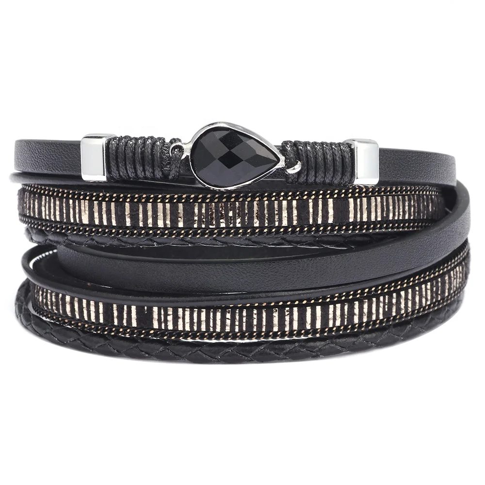 Bohemia crystal drop charm double wraps pu leather bracelets for women men magnetic clasp leather bracelet