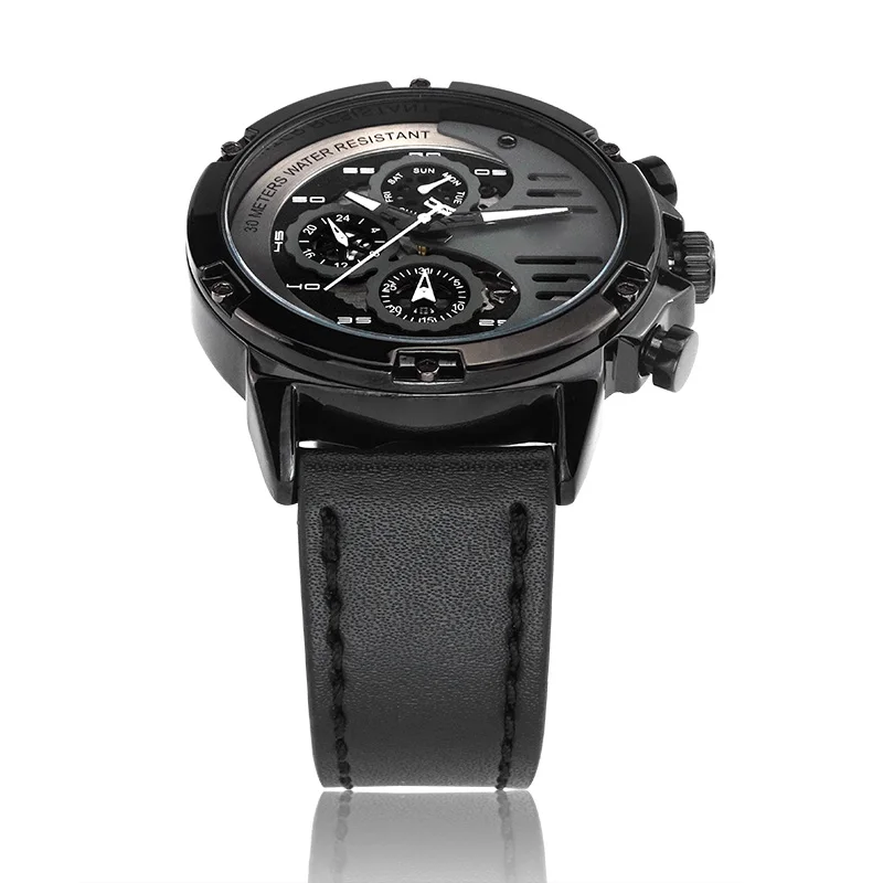 Custom boy fashion chronograph multifunction sport stereo digital hand water proof leather watch for men