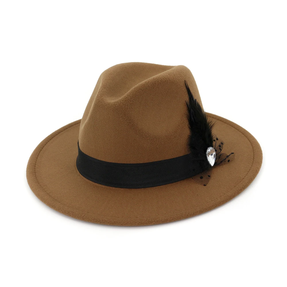 Модная фетровая Федора ручной работы, джазовая шляпа и Кепка, шляпы с широкими полями, украшение с перьями