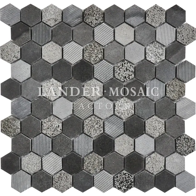 black grey marble mosaic tile hexagonal new product 2017 BushHammered anti skid bathroom tile (60621589165)