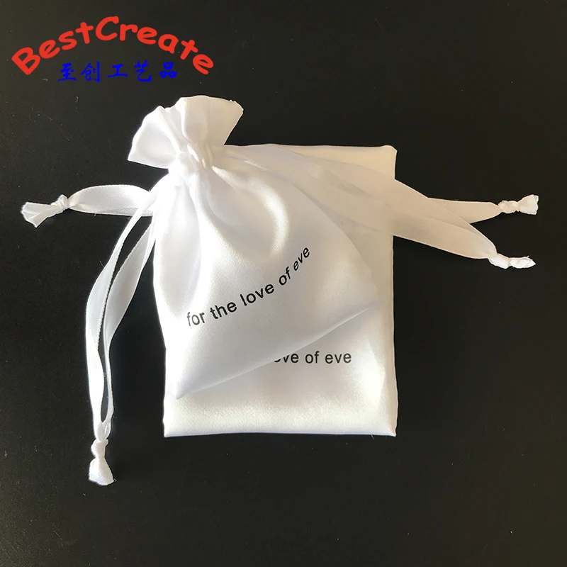 Custom Logo Printing white small drawstring satin wedding gift bags