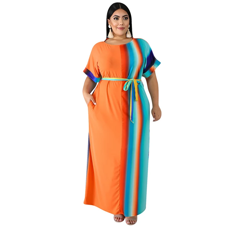 New Design Casual Fat Women One Piece High Waist Striped Print Dress With Belt Sexy Summer Long Maxi Dress Plus Size 2019