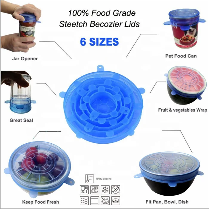 Hot selling 6 Pack Various Sizes Reusable Silicone Stretch Lids