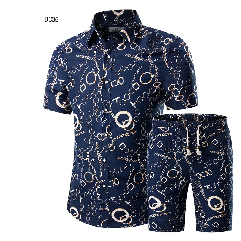 Mens short Sleeve shirt Summer Style Short Suit print plus size Set with stock price