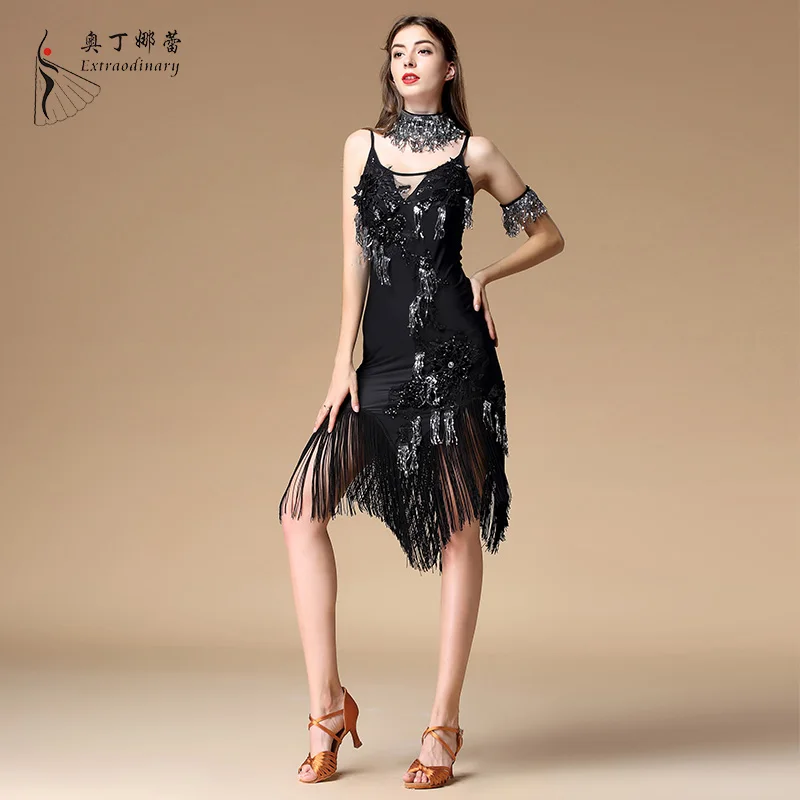 Women flower ballroom latin dance dress with fringe